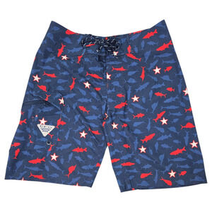 Columbia Men Sz 30 Board Swim Shorts Beach Pool Boat Red White Blue Fishing EUC